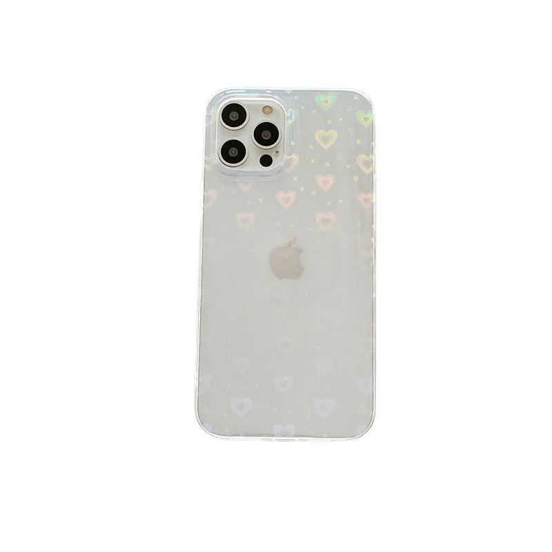 Clear silicone iPhone case with laser colourful love design, shown in butterfly and transparent colour options.