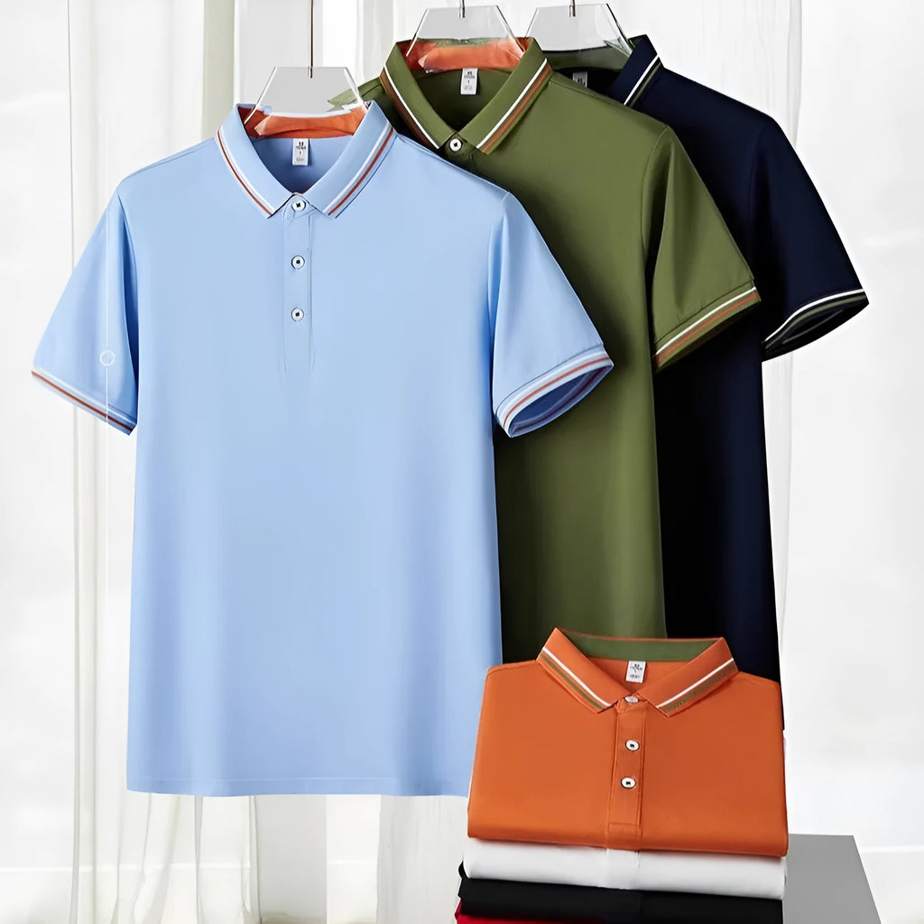 Slim fit cotton blend polo work shirt with collar and short sleeves on a hanger