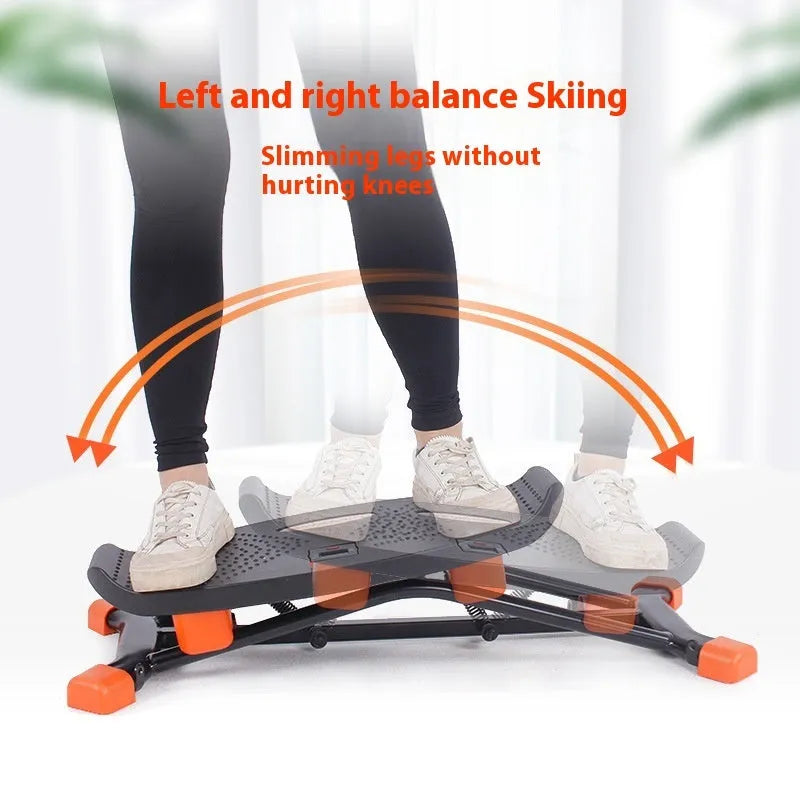 Black mini fitness skiing machine folded to 77x32x17cm with elastic hand straps