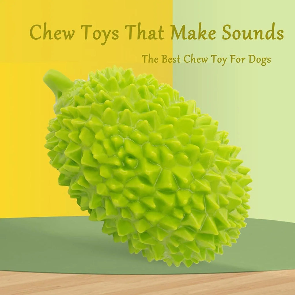 Durian-shaped dog chew toy in beige, green, and yellow colours with textured surface for teeth cleaning