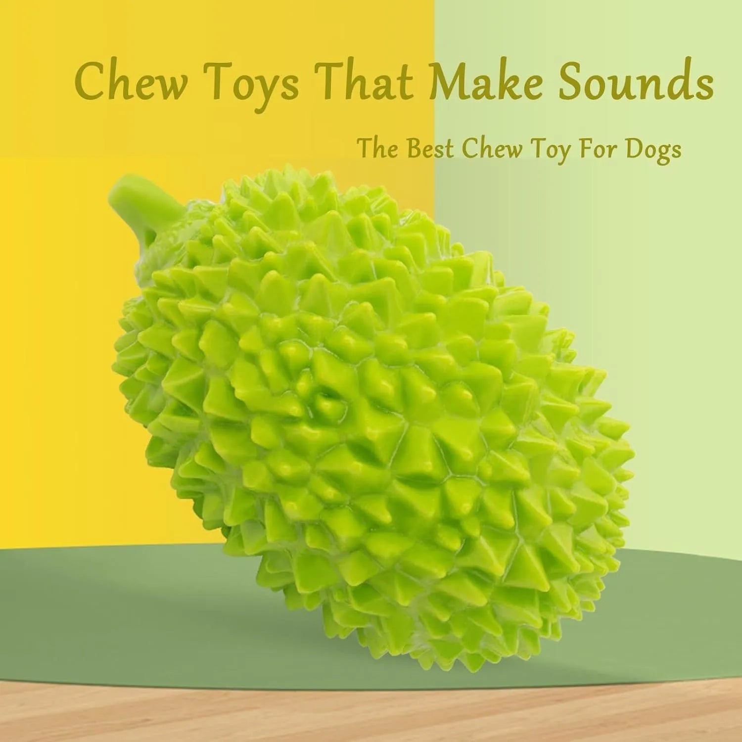 Durian-shaped dog chew toy in beige, green, and yellow colours with textured surface for teeth cleaning