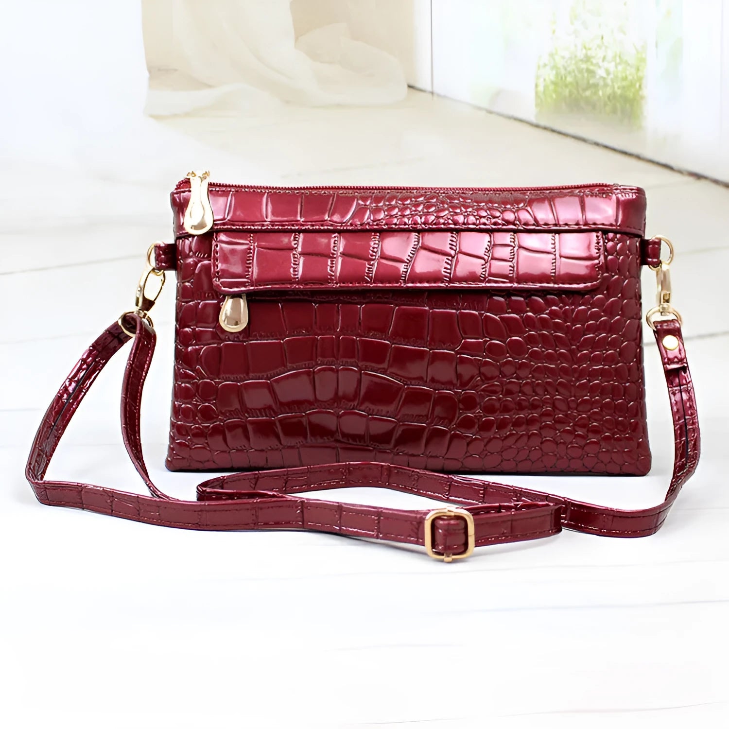 Women's black PU leather messenger shoulder bag showing dimensions and lining