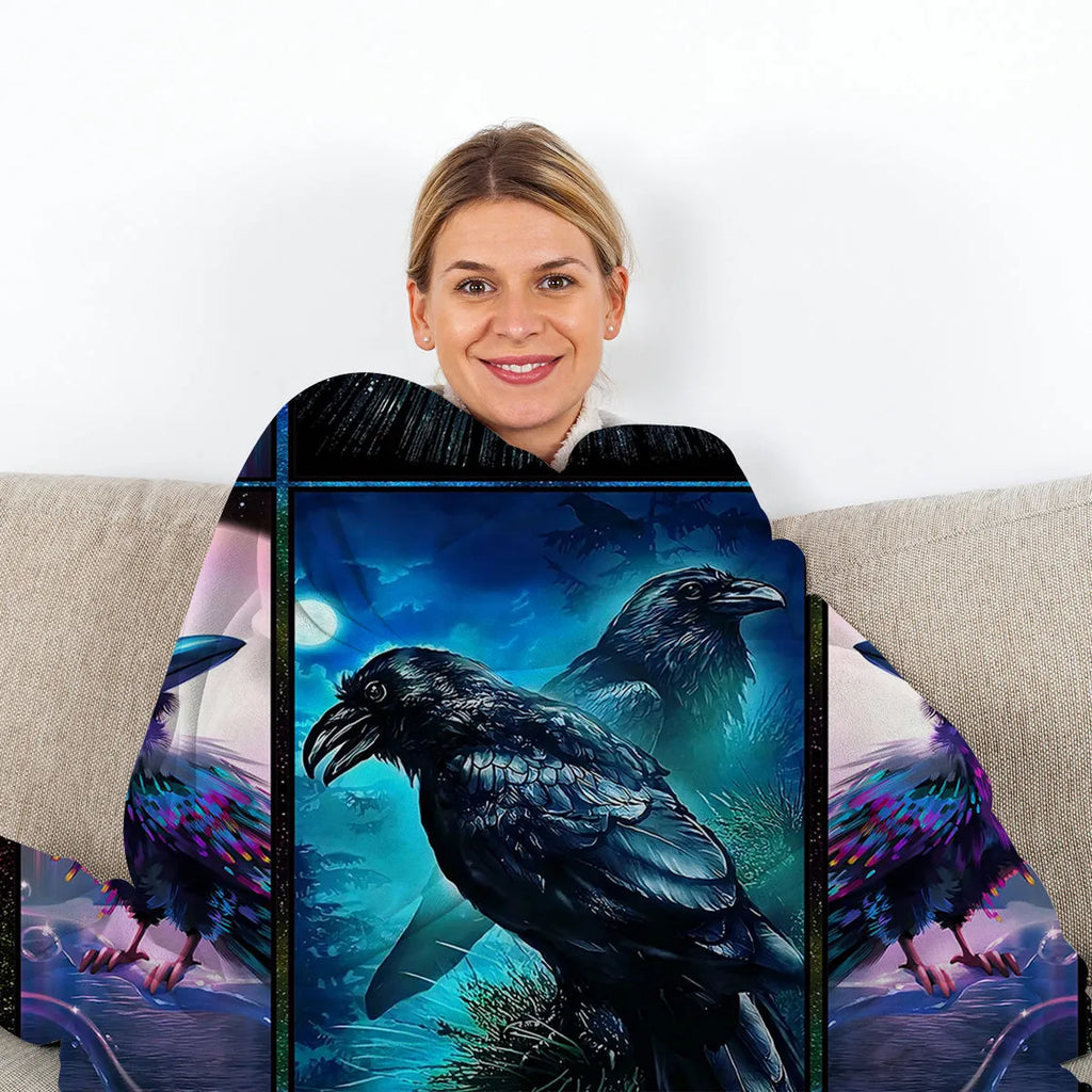 Multicoloured flannel velvet blanket with raven print, three size options, hemmed edges for durability