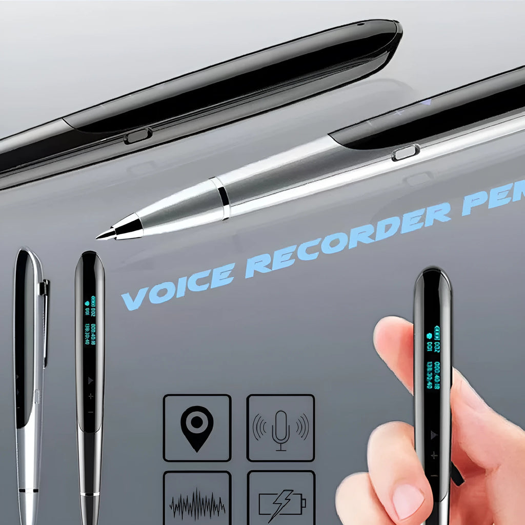 Black lossless recording pen with OLED display screen on a silver zinc alloy body