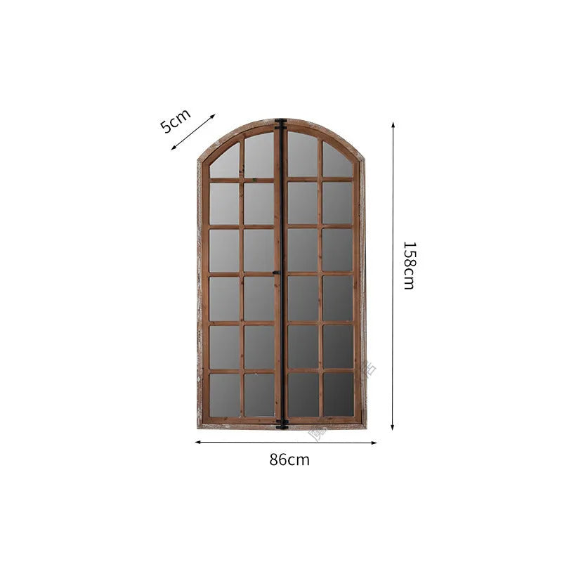 Log-coloured distressed wooden glass fake window wall mirror, A316 style.