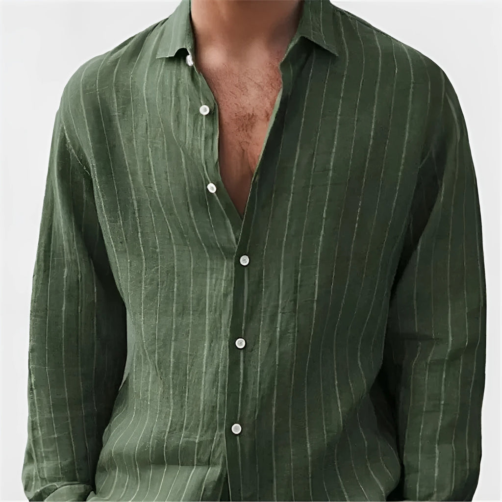 Men's loose-fitting striped cardigan-style shirt in polyester fabric showing colour and pattern details