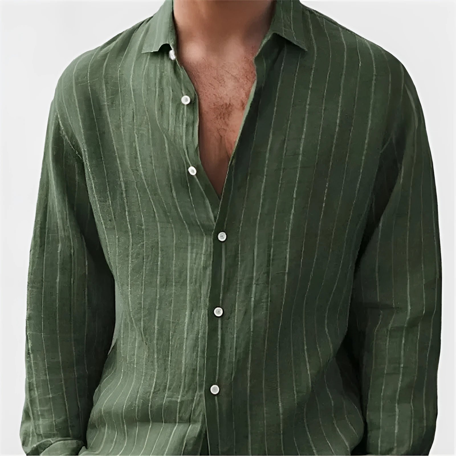 Men's loose-fitting striped cardigan-style shirt in polyester fabric showing colour and pattern details