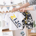Children's cotton summer suit with camouflage shorts in white or green, sizes 90cm to 140cm.