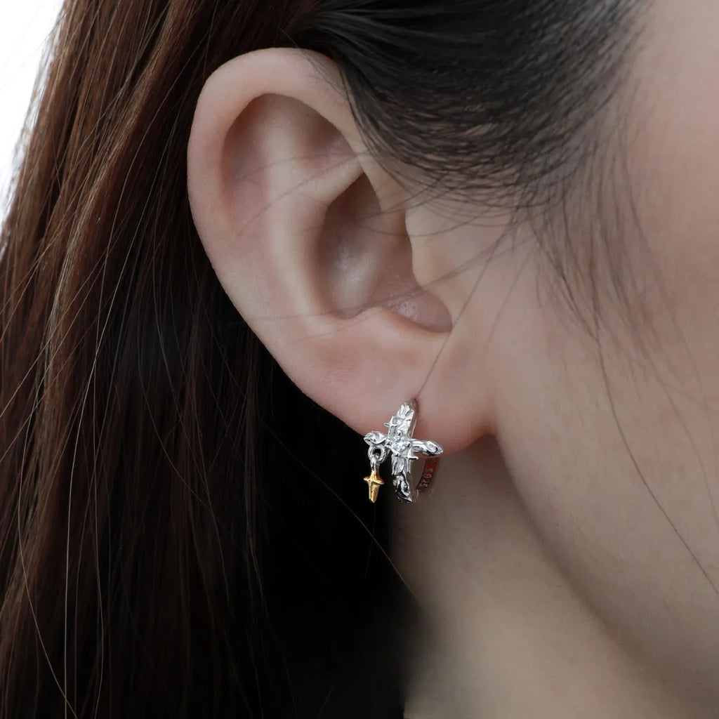 925 sterling silver geometric cross earrings with white gold tone finish and round decorative elements