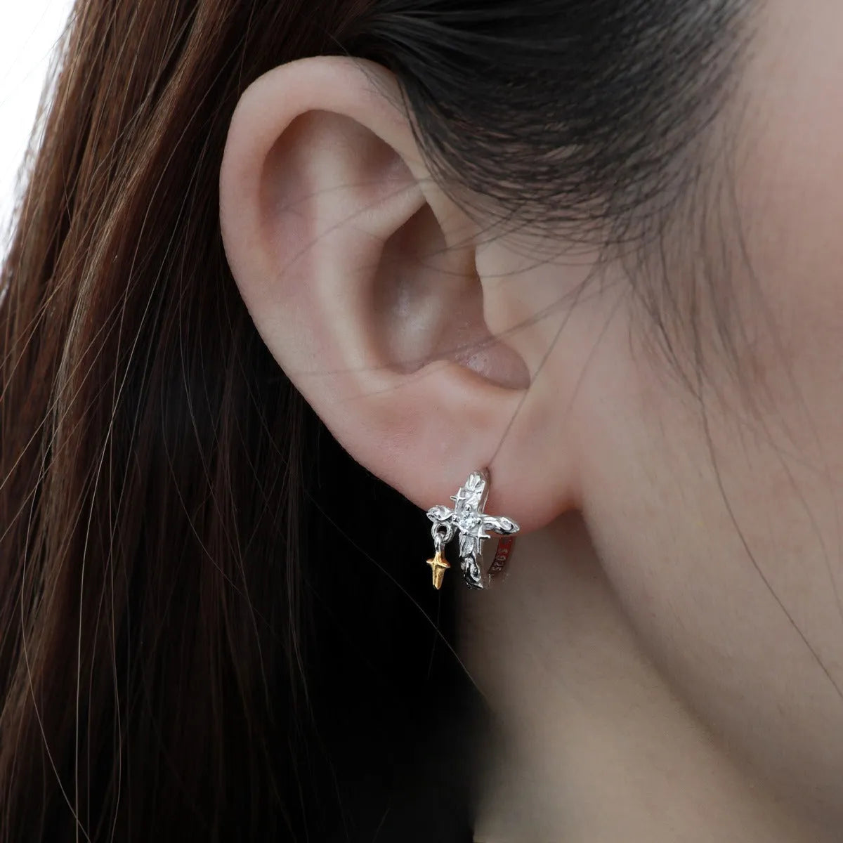 925 sterling silver geometric cross earrings with white gold tone finish and round decorative elements