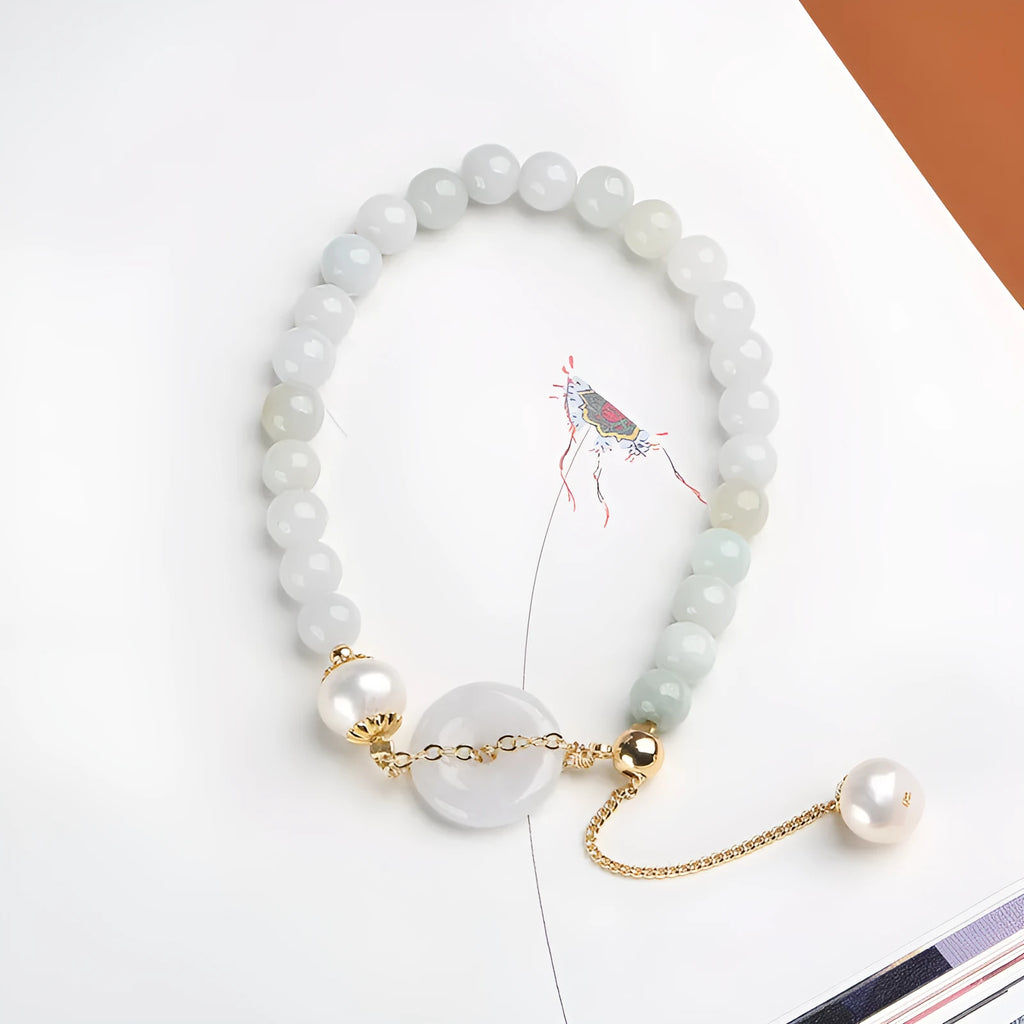 Jade and pearl bracelet for women with geometric peace buckle design in national style