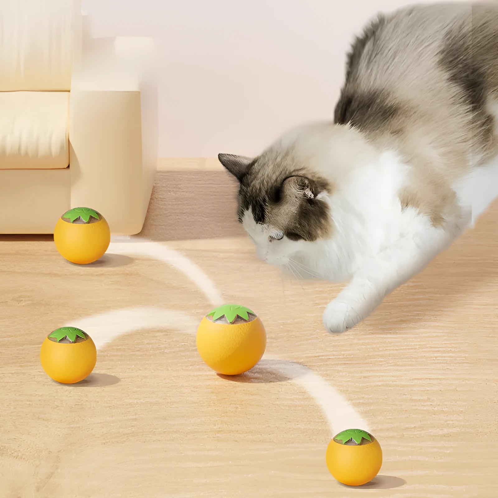 Green rolling ball electric pet toy for dogs and cats on indoor floor surface