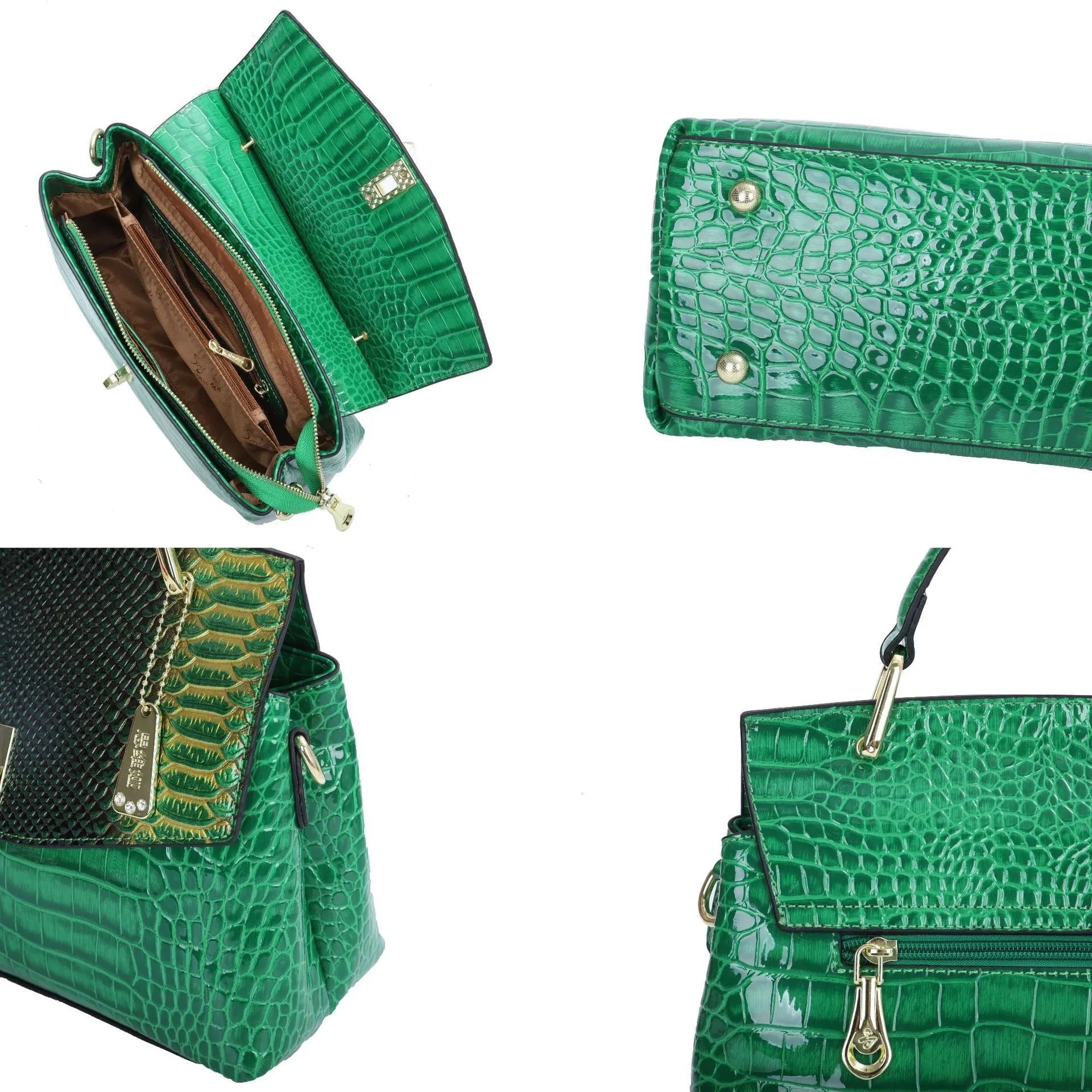 Green snake pattern women's crossbody handbag with crocodile texture and organised compartments
