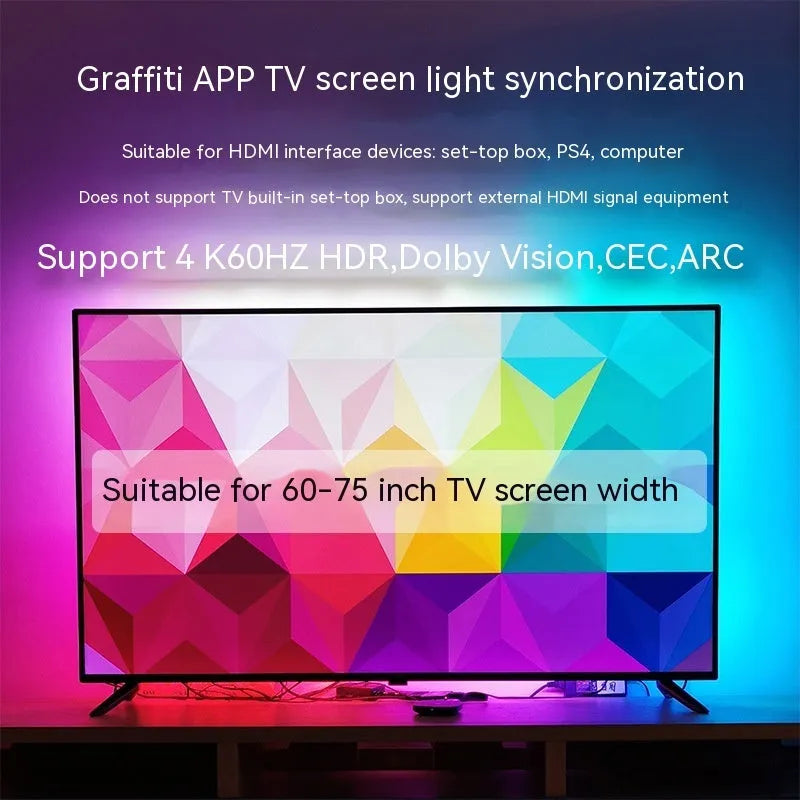 TV ambient backlight strip installed behind television with app control interface showing colour options