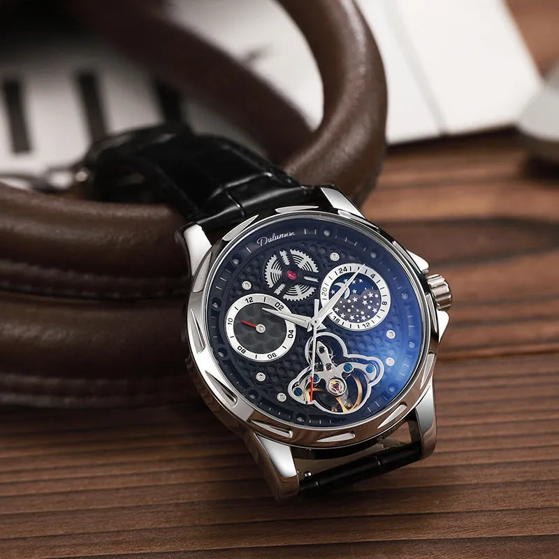 Men's black or white automatic watch with luminous hands on a steel or leather strap.