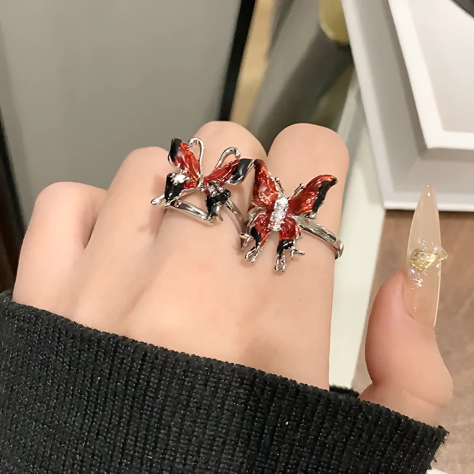 Creative butterfly women's ring in solid copper with dripping oil finish, available in 33 style variations