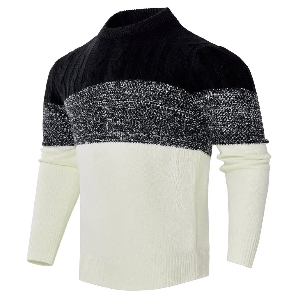 A man's knitted long-sleeved pullover sweater for fall and winter wear.