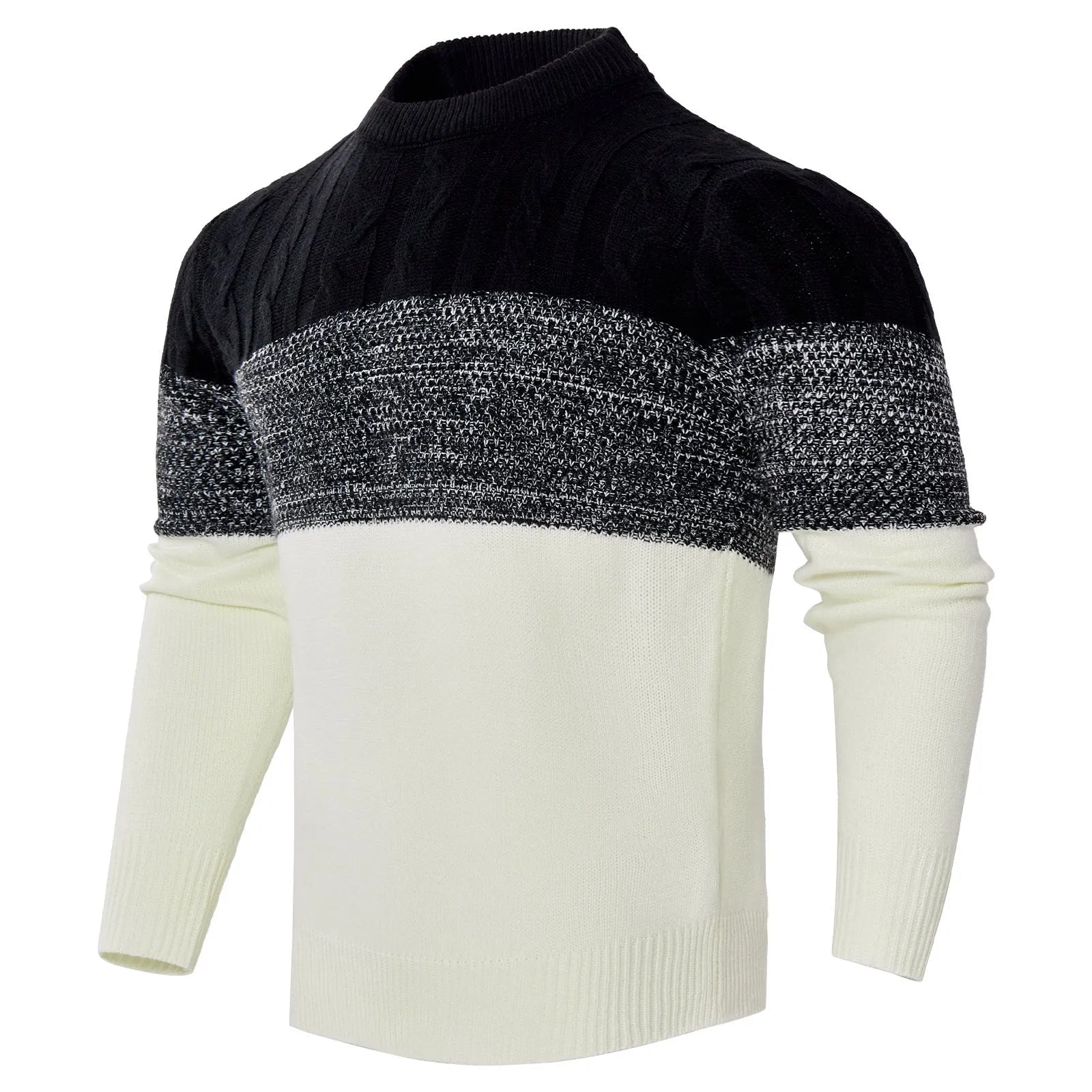 A man's knitted long-sleeved pullover sweater for fall and winter wear.
