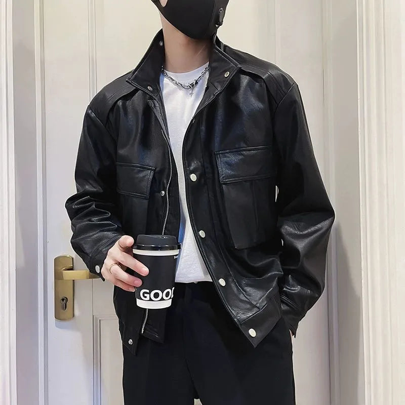 Men's black Korean-style PU leather jacket with straight hem and side pockets for spring autumn wear