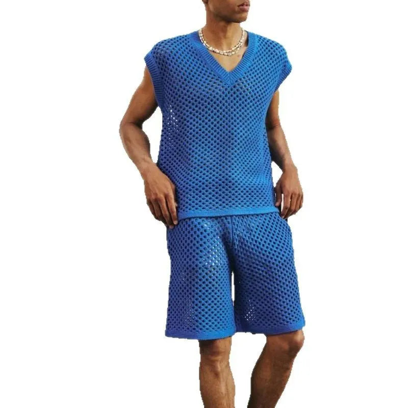 Men's blue knitted vest and shorts sportswear set for summer athletic activities