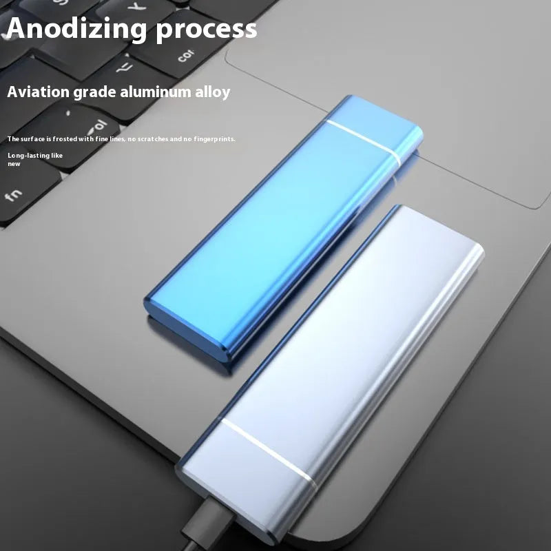 Sapphire blue portable external solid state hard drive with metal shell for phones and computers