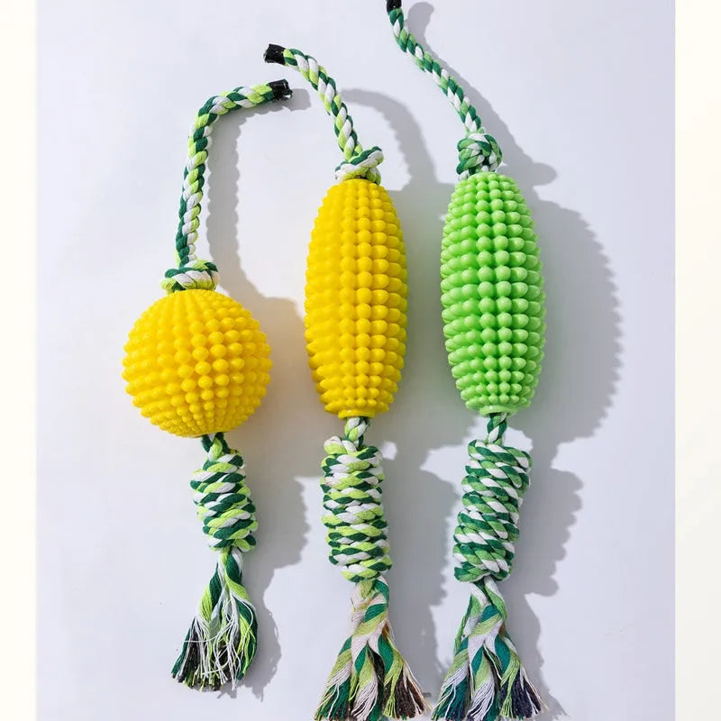 Pet Toy Corn Ball Knot Teething Toys set with two corn-shaped toys in yellow and green and one yellow ball on a white background