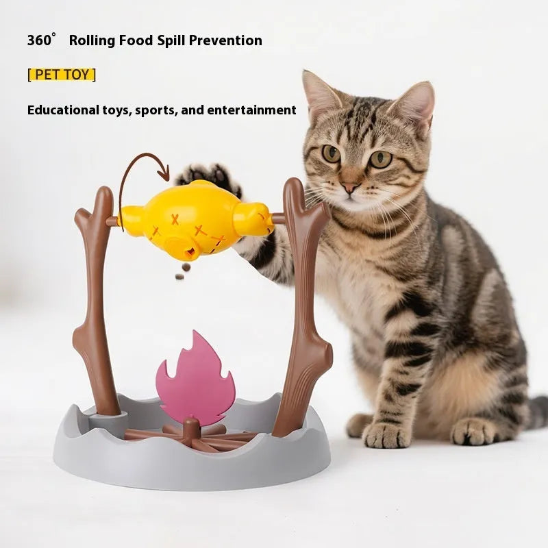 Tumbling plastic cat feeder toy for slow feeding and play, shown in dimensions of 30 by 29 centimetres.