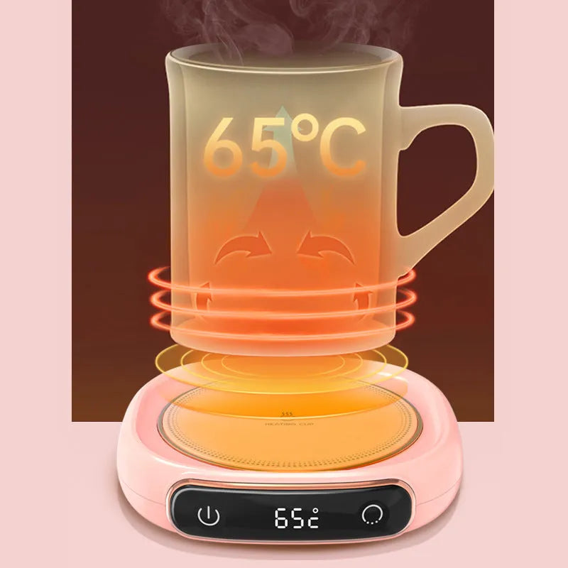 White USB coffee mug warmer coaster with dimensions 130x110x23mm on wooden desk