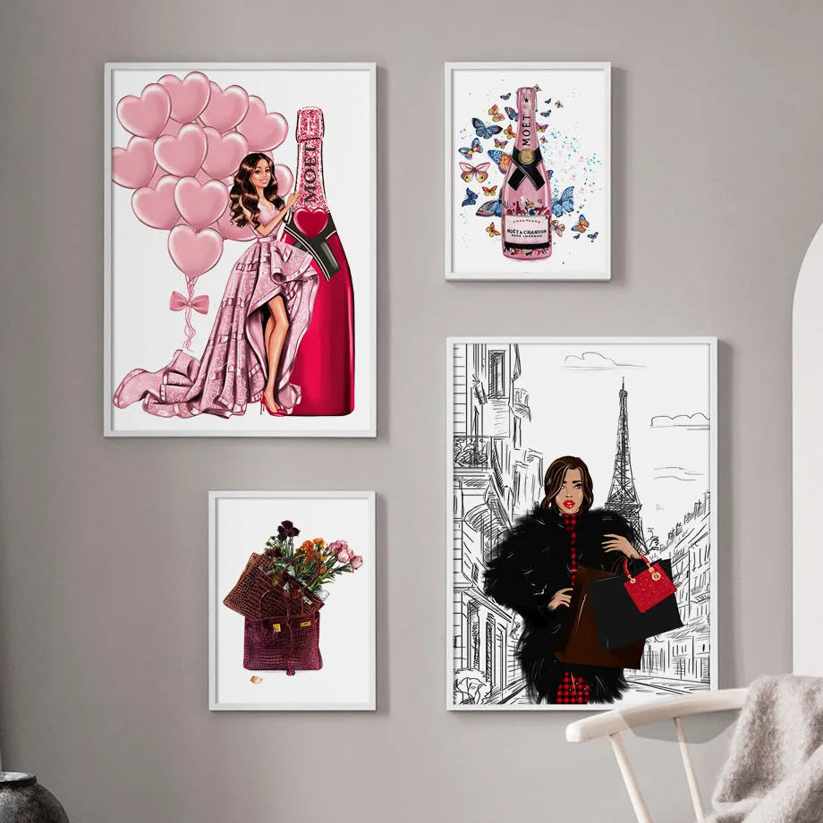 Modern cartoon canvas wall art print showing fashion girl with balloons and champagne for living room decoration