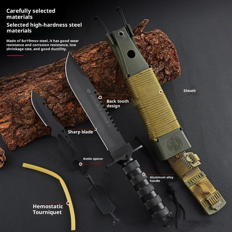 Keel multifunctional small straight tactical knife with 8Cr19MoV steel blade and aluminium alloy handle on neutral background