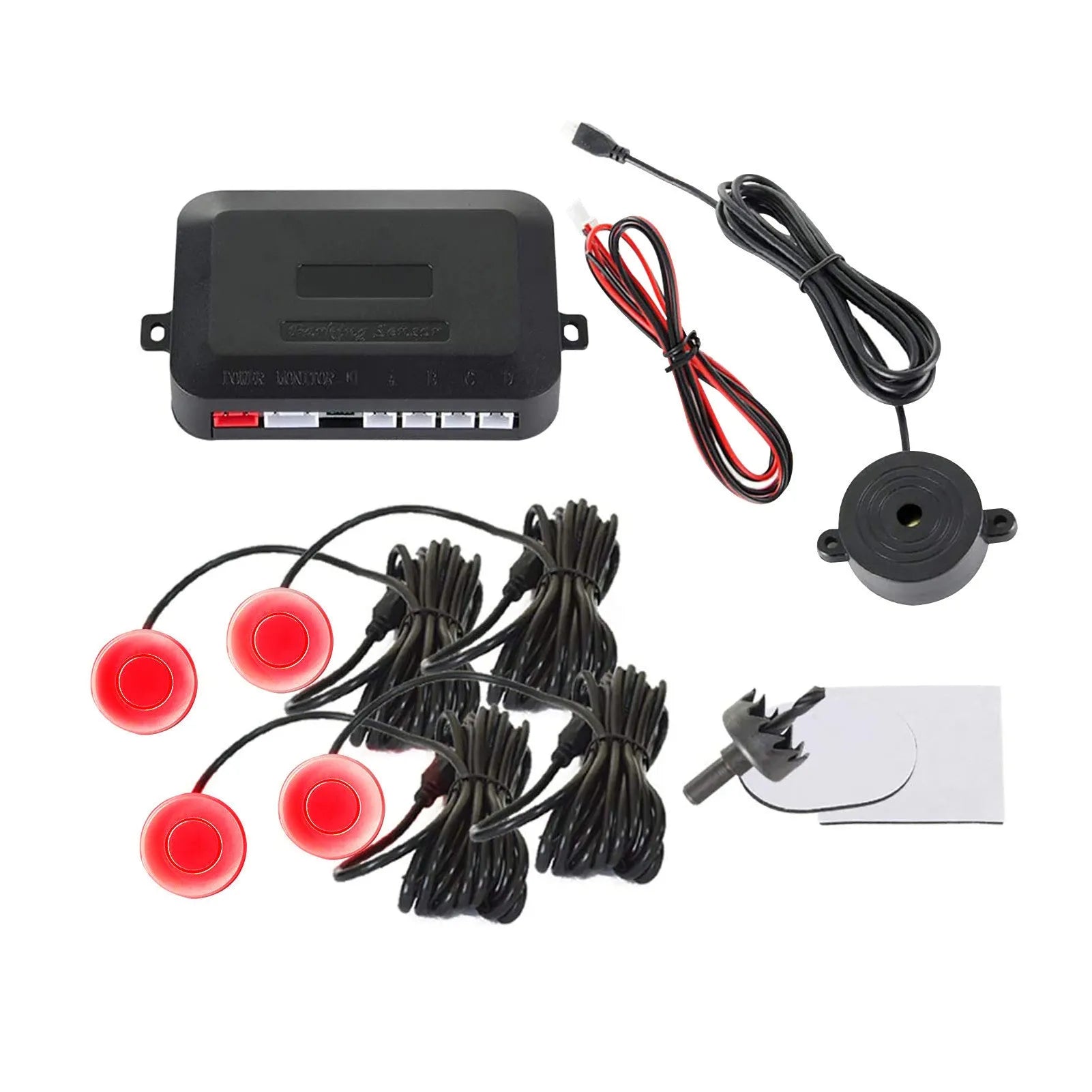 4-probe buzzer reversing radar kit with sensors, control module, and installation tools