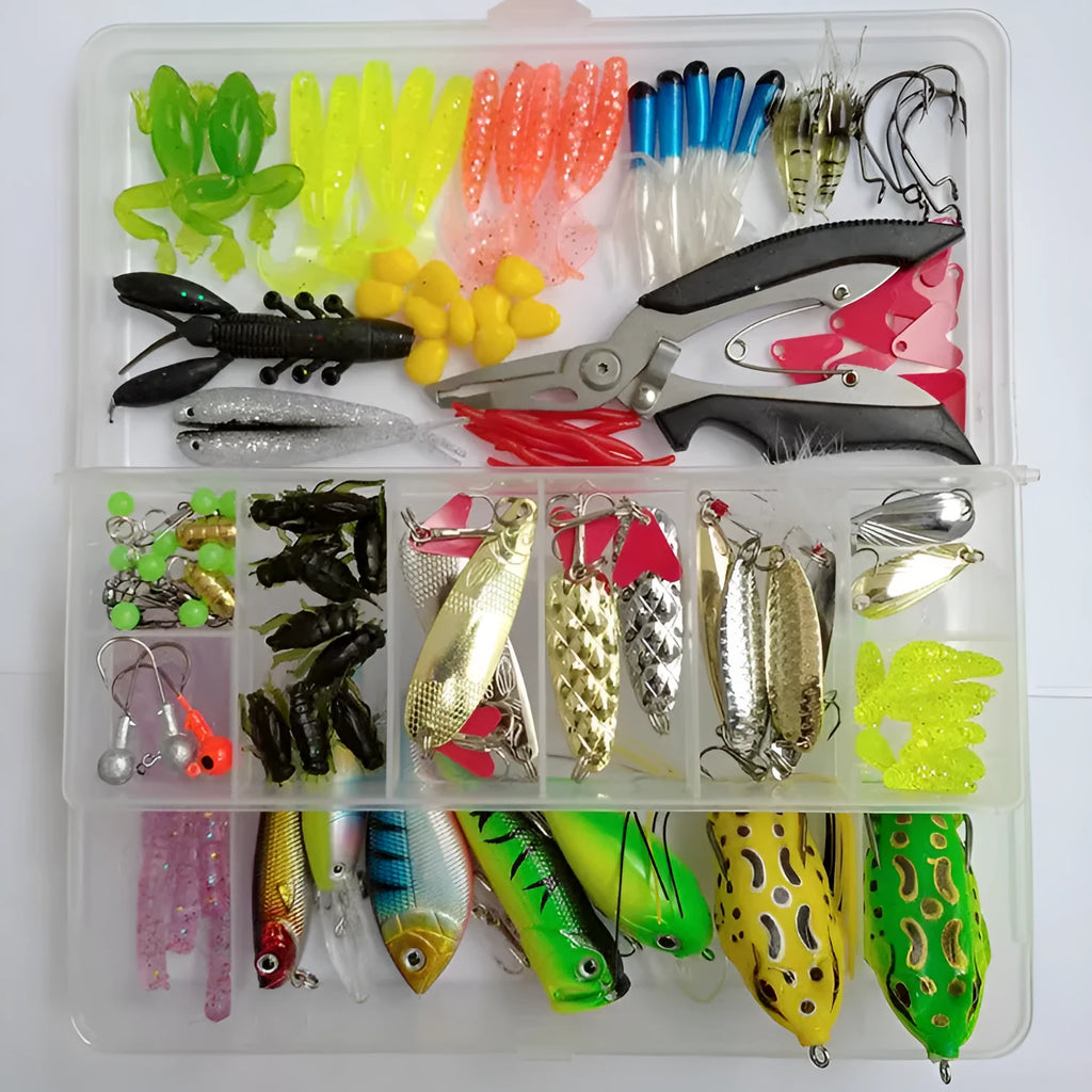142-piece fishing lure set showing hard mino swimbaits with sequins, metal pliers, and assorted plastic lures.