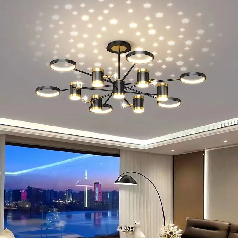 Black 13-head iron pendant chandelier with remote control on a ceiling.