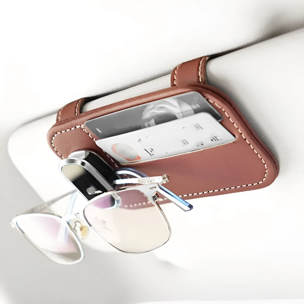 Cowhide car sun visor organiser with glasses clip and card pocket in beige colour