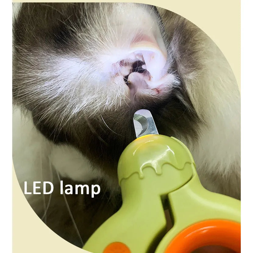 Blue pet nail clippers with LED light on handle for trimming cat and dog nails safely