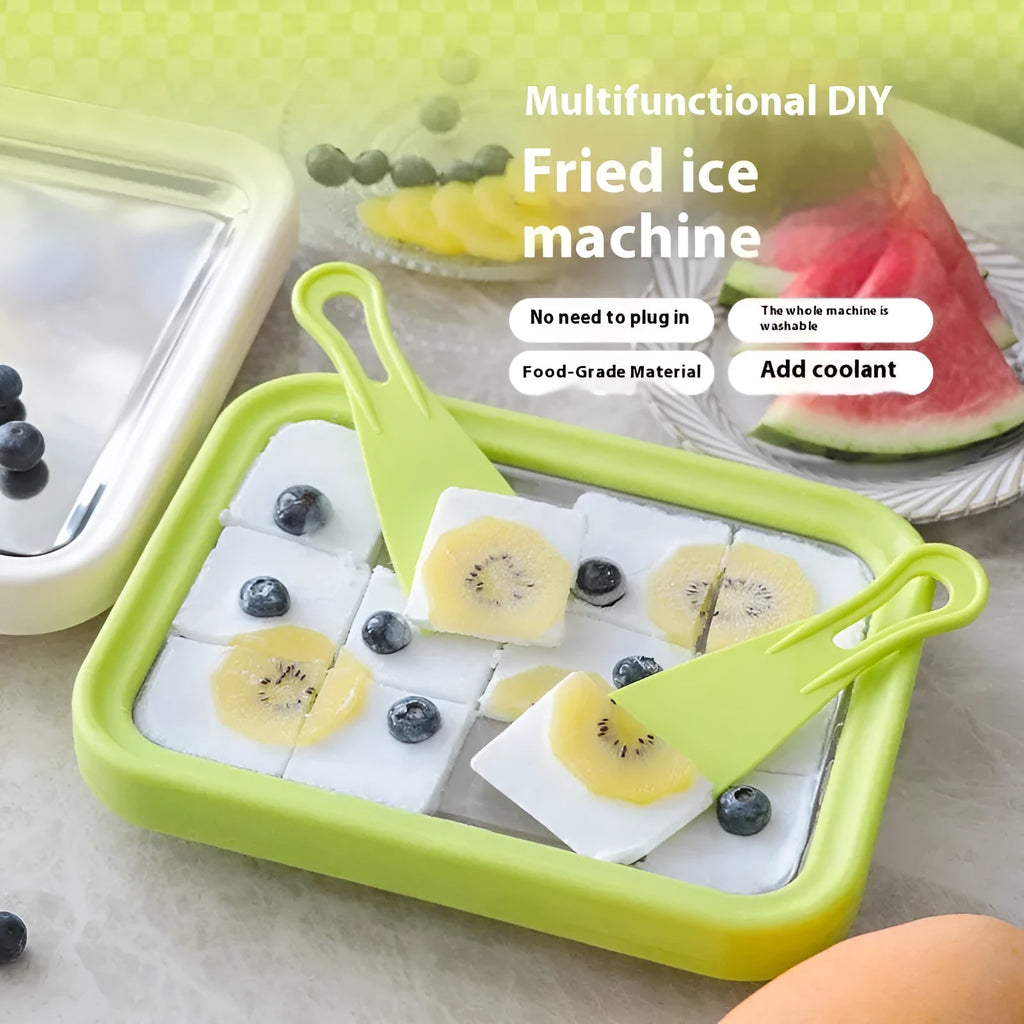 Green children's DIY fried ice and yogurt machine with aluminium gasket on a kitchen counter.