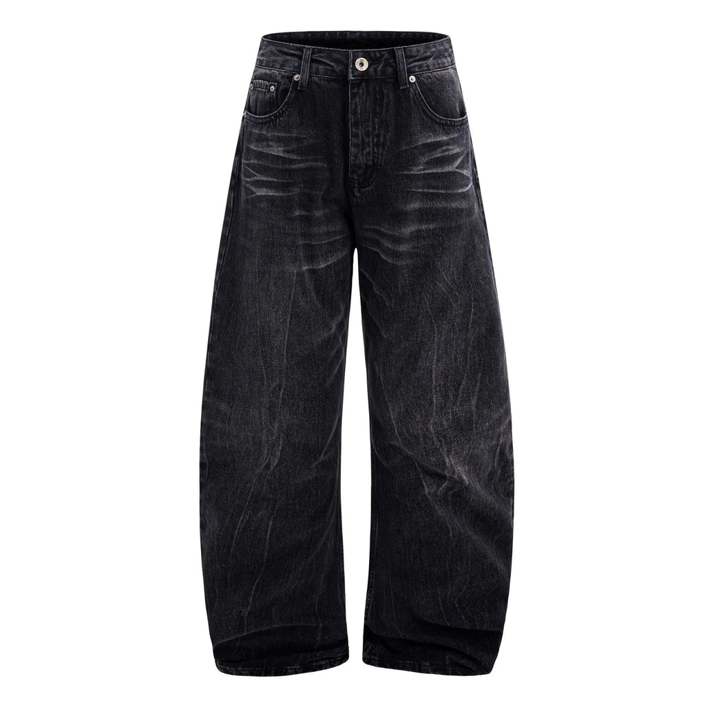 Black men's straight-leg jeans with a distressed lightning crack pattern on the legs.