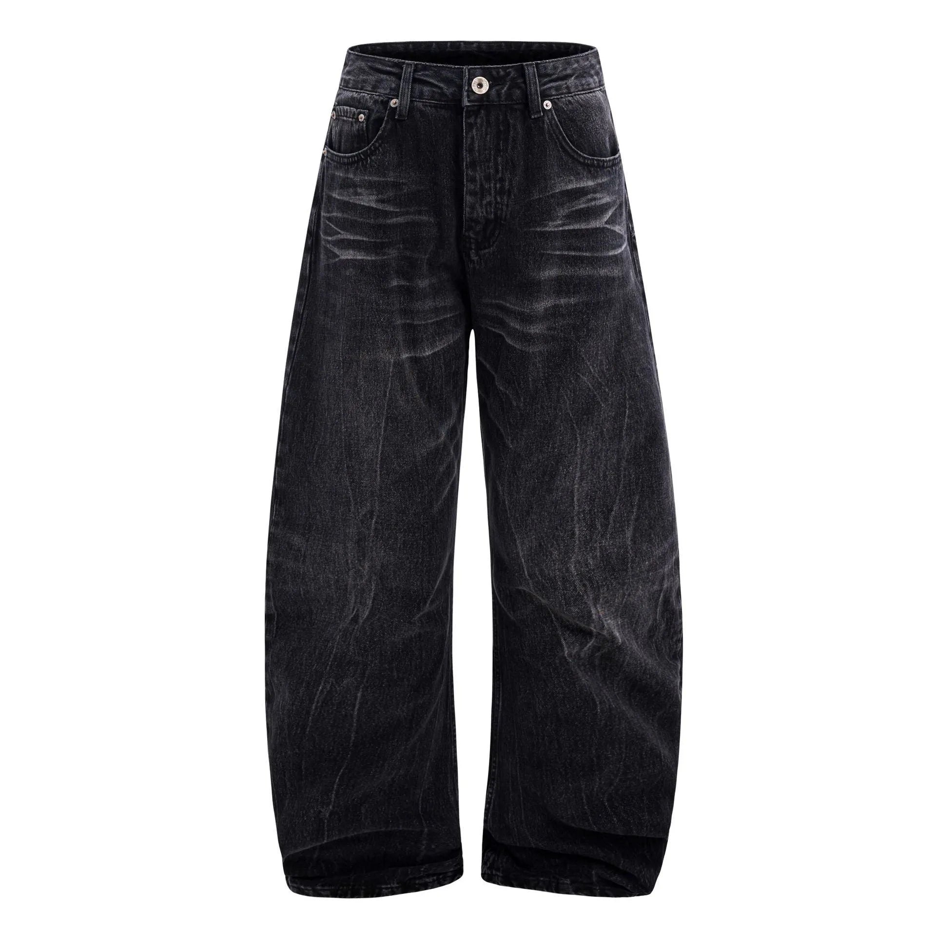 Black men's straight-leg jeans with a distressed lightning crack pattern on the legs.