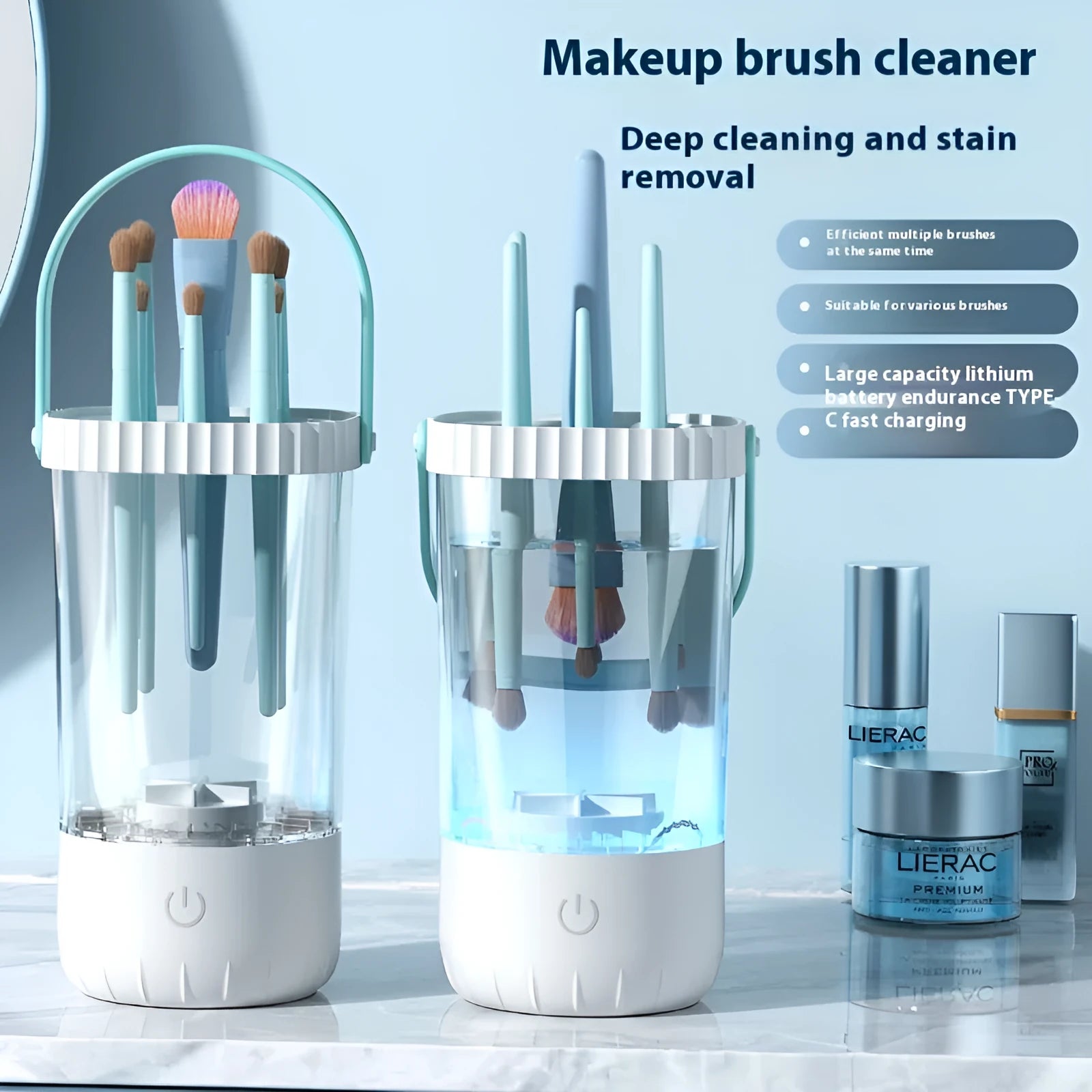 White rechargeable electric makeup brush cleaner with USB cable measuring 24x10x11cm