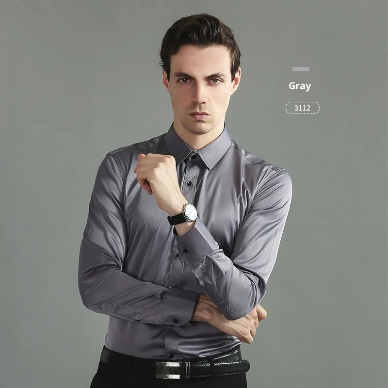 Casual four-way stretch long sleeve shirt in solid colour, slim fit cardigan style for weddings and business, polyester fibre blend