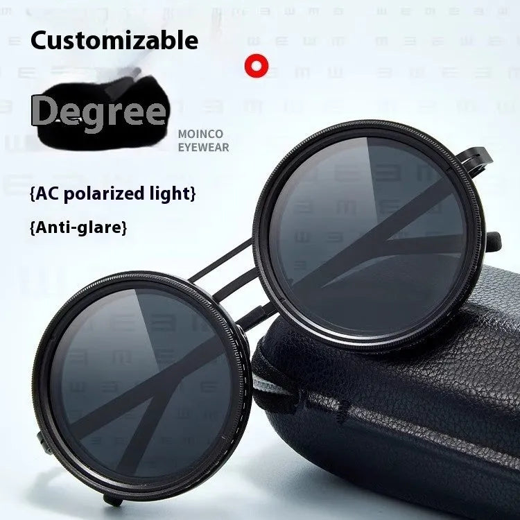 Handmade ND9 adjustable polarized sunglasses with Aluminum Magnesium full rim round frame in black thick leg colour