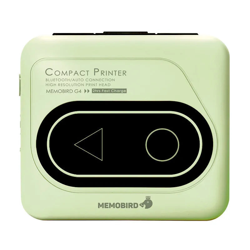 Avocado green Bluetooth mini thermal printer for mobile phones, shown with thermal paper and charging cable.