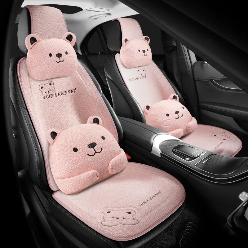 Car seat cushion set showing headrest pillow and lumbar support pillow in linen covers
