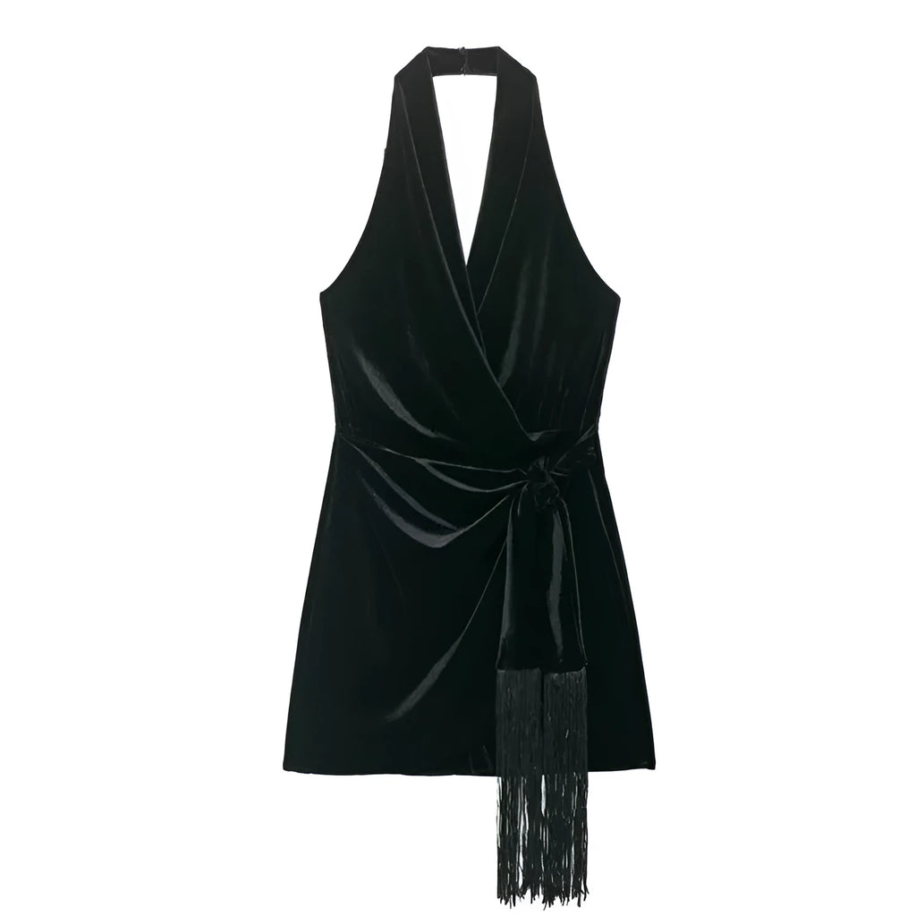 Women's hooded fringe-trimmed short dress in black mercerised cotton knit with pleated detail