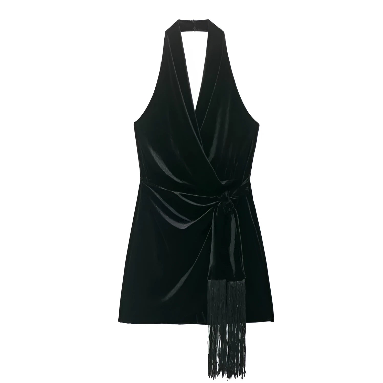 Women's hooded fringe-trimmed short dress in black mercerised cotton knit with pleated detail