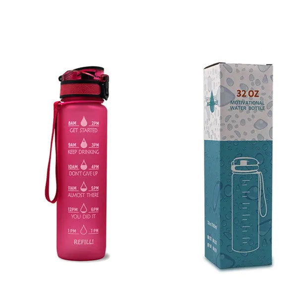 Blue and red gradient 1 litre Tritan sports water bottle with time markers and a black flip-top lid.