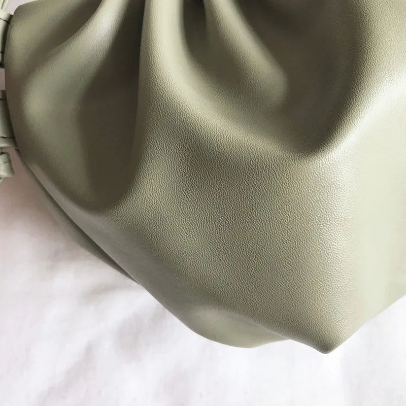 Soft PU Korean-style cloud crossbody bag with dumpling shape, pleated detail, phone pocket, and six colour options