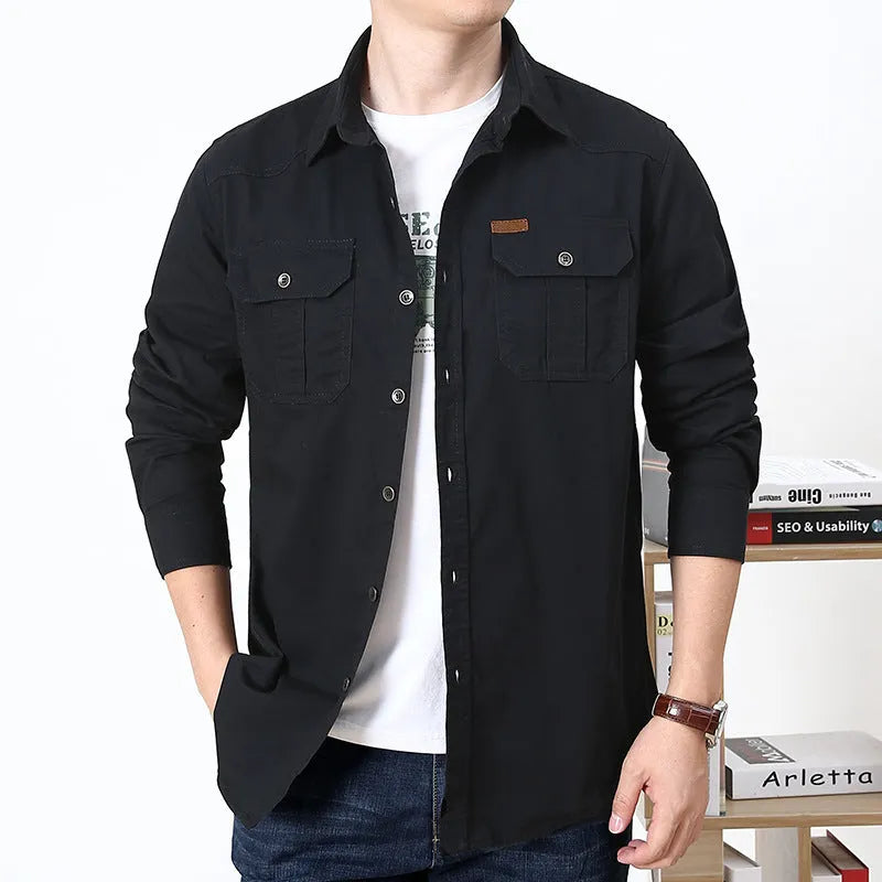 Cotton men's shirt in loose fit long sleeve military style, available in beige and other colours