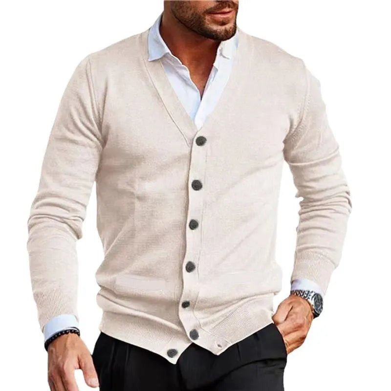 Men's slim fit acrylic cardigan sweater in a range of colours including beige, black, dark green, and wine red.