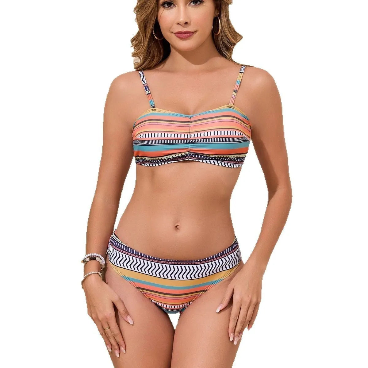 Women's four-piece print swimsuit set with halter straps and tassel details in picture colour